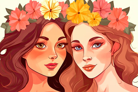 two beautiful women - mother and daughter - with bright flower wreaths on their heads. the perfect embodiment of youth, beauty and nature. illustration created by Generative AIの素材