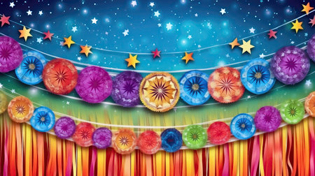 Greeting card for the traditional Brazilian festival Junina with garlands decorated with colorful ribbons, patterns and stars. illustration created by Generative AIの素材