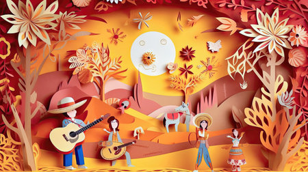 Figures of people in traditional costumes and musical instruments in the festive setting of Festa Junina. illustration created by Generative AIの素材