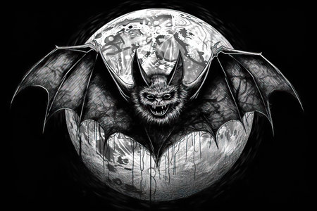 a bat flying against the backdrop of a large full moon with outstretched wings. suitable for any design with a hint of mysticism or mystery. illustration created by Generative AIの素材