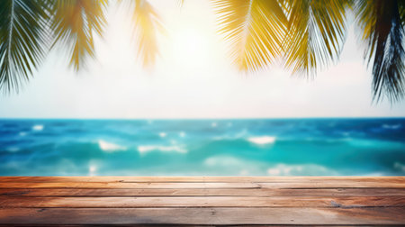 charming tropical sea view from the shade of palm trees sitting at a wooden table. selective focus. copyspace. illustration created by Generative AIの素材
