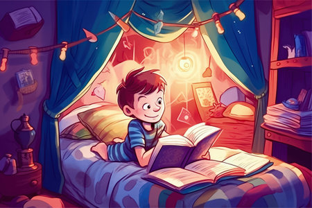 A young boy is lying in bed with a book in his hands, reading attentively, surrounded by pillows and blankets. Realistic illustration created by Generative AIの素材