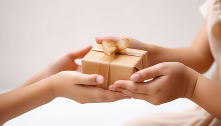 Children and Adult Woman Hold Gift Box Together. copyspace. Realistic illustration created by Generative AIの素材