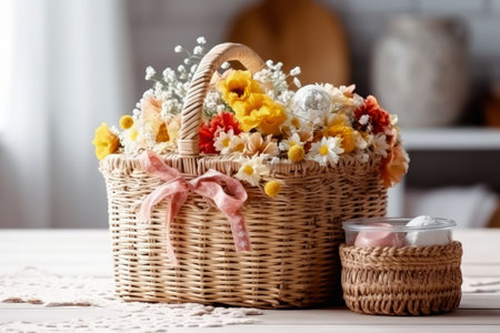 Enjoy the vibrant colors of these wildflowers arranged beautifully in a wicker basket. Perfect for adding a touch of natural beauty to any space. Realistic illustration created by Generative AIの素材