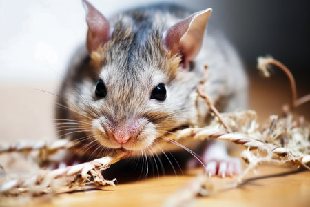 This image depicts a small mouse gnawing on computer wires, a common problem that can cause malfunctions and downtime for computer systems. selective focus. close up. Realistic illustration created by Generative AIの素材