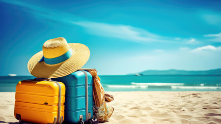 Escape to a tropical paradise with this image of two suitcases, bags, and straw hats sitting on a sandy beach. Let the warm sun and gentle waves soothe your soul as you take in the beauty of your surroundings. copyspace. Realistic illustration created by Generative AIの素材