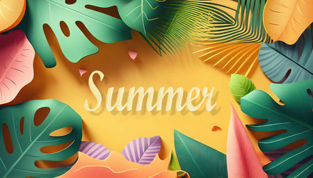 colorful tropical summer background with branches and leaves of exotic trees and shrubs. illustration created by Generative AIの素材