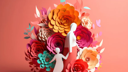 A touching image of a mother holding her child's hand against a backdrop of bright, colorful paper-style flowers. illustration created by Generative AIの素材