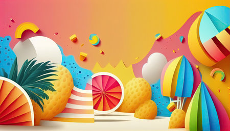 bright colored abstract tropical summer background for design projects with palm branch and citrus fruits. copyspace. illustration created by Generative AIの素材