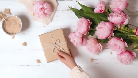 Gorgeous Pink Peonies and a Gift Box. copyspace. Realistic illustration created by Generative AIの素材