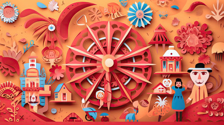 bright greeting card for Festa Junina in the national Brazilian traditions in the style of paper abstract art. illustration created by Generative AIの素材