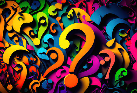 An abstract background with a multitude of colorful question marks, perfect for use in presentations, websites, and marketing materials. Realistic illustration created by Generative AIの素材