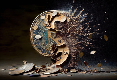 the coin disintegrates and breaks into smaller pieces. symbolizes the fragility of the currency and the volatility of wealth. illustration created by Generative AIの素材