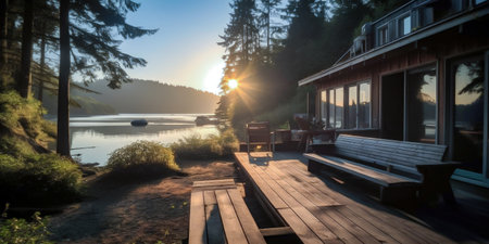 This picturesque image shows a beautiful wooden country house nestled among the trees on the banks of a tranquil river. The warm rays of the setting sun illuminate the scene, creating a peaceful and serene atmosphere. Realistic illustration created by Generative AIの素材