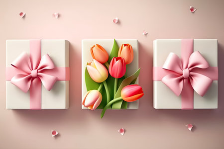 Three beautifully wrapped gift boxes adorned with a ribbon and accompanied by delicate tulips on a pastel background. Perfect for any occasion that requires a thoughtful and elegant gift. copyspace. Realistic illustration created by Generative AIの素材