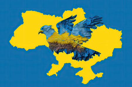 A beautiful dove painted in yellow and blue flies gracefully over the map of Ukraine, symbolizing hope for peace in this conflicted region. Realistic illustration created by Generative AIの素材