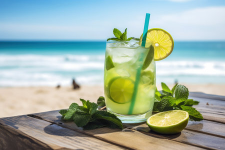 tropical Mojito cocktail on a rustic wooden table against a stunning seascape. illustration created by Generative AIの素材