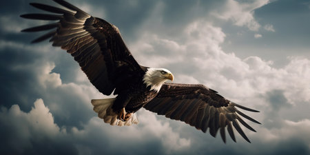an eagle soaring high above the clouds with outstretched wings in a breathtaking display of power and grace. copyspace. illustration created by Generative AIの素材