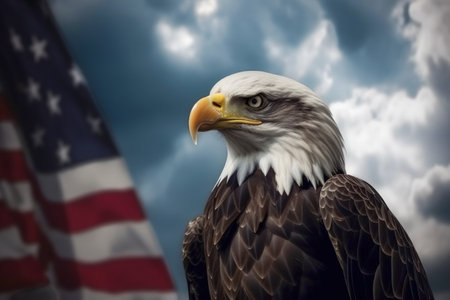 Majestic American eagle perched next to flag against blue sky with clouds. Realistic illustration created by Generative AIの素材