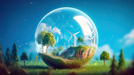 This image features a glass sphere containing the earth, surrounded by lush green grass, trees, and wind generators. It reminds us of the importance of preserving our environment and taking action to protect our planet for future generations. copyspace. Realistic illustration created by Generative AIの素材
