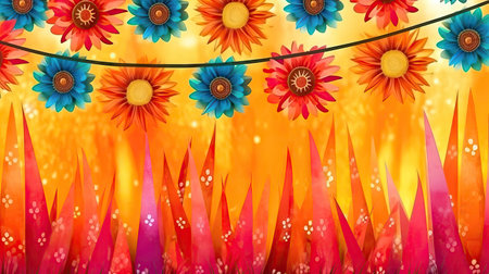 Festive card for the Brazilian traditional Junina festival with bright garlands of colorful flowers. illustration created by Generative AIの素材