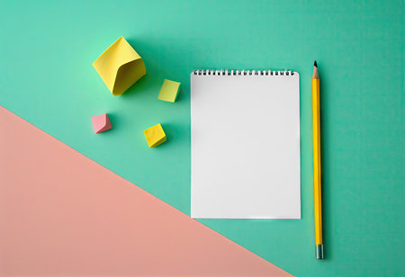 This image depicts a pencil with an eraser and a blank sheet of note paper. It suggests the idea of jotting down one's thoughts or ideas on the paper using the pencil. The eraser serves as a reminder that it's okay to make mistakes and that they can always be corrected. copyspace. Realistic illustration created by Generative AIの素材