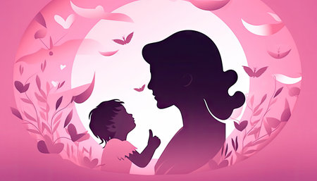 A tender moment captured as a mother holds her child in her arms against a backdrop of soft pastel colors. Realistic illustration created by Generative AIの素材