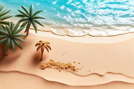 A picture-perfect tropical seashore with crystal clear water and tall palm trees swaying in the gentle breeze. The sand is soft and white, inviting visitors to relax and soak up the sun while listening to the soothing sound of the waves. This is a true paradise on Earth. copyspace. Realistic illustration created by Generative AIの素材