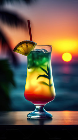 Take in the beautiful colors of a sunset while sipping on our layered Tropical Punch cocktail, packed with the flavors of the tropics. copy space. Realistic illustration created by Generative AIの素材