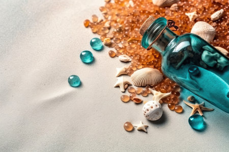 background, a collage of shells, sand and glass found in coastal ecosystems. suitable for various creative projects. copyspace. illustration created by Generative AIの素材
