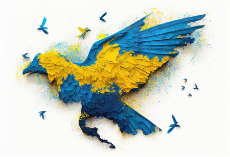 a beautiful dove of peace, painted in bright yellow and blue colors - symbolizes hope, love and unity, the return of peace to Ukraine. illustration created by Generative AIの素材
