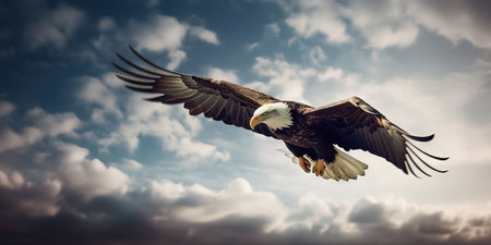eagle soars in the sky with wide spread wings against the background of white fluffy clouds, symbolizing strength and freedom. copyspace. illustration created by Generative AIの素材