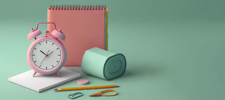 Organize Your Workday with Alarm Clock, Pen, and Notebook on Pastel Background. copyspace. Realistic illustration created by Generative AIの素材