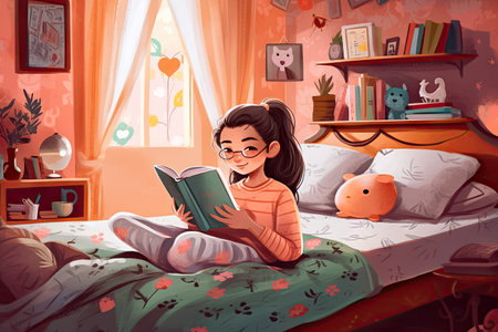 A girl is lying in bed, lost in a book, with a cozy blanket draped over her. Realistic illustration created by Generative AIの素材