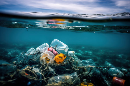 Plastic trash in the water is a significant environmental concern, with its impact reaching far beyond the oceans. This image highlights the need for better waste management practices to prevent plastic pollution and safeguard marine ecosystems. Realistic illustration created by Generative AIの素材