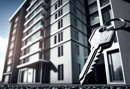the keys to the apartment and the new building. The concept of buying, renting, real estate loan, investment, relocation. illustration created by Generative AIの素材
