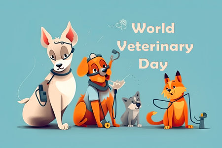 grateful dogs and cats congratulate the veterinarian on their professional holiday. Realistic illustration created by Generative AIの素材