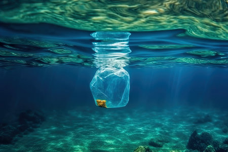 This image shows a disturbing reality of pollution in the water, where plastic trash is seen floating in the sea, polluting the environment and harming marine life. Realistic illustration created by Generative AIの素材