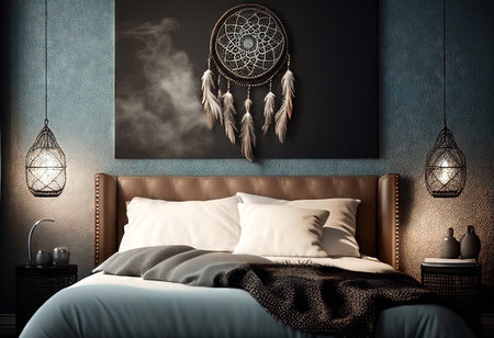 Add a dreamy touch to your bedroom decor with this stunning dream catcher suspended above your bed. The intricate web design and delicate feathers create a calming and relaxing atmosphere that's perfect for winding down after a long day. Realistic illustration created by Generative AIの素材