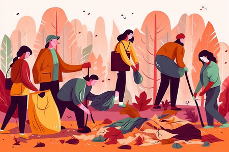 Environmental activists in action, cleaning up the environment and protecting nature. Youth volunteers collect and sort waste, recycle and take care of the planet. Realistic illustration created by Generative AIの素材