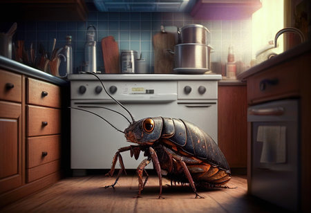 Cockroaches make themselves at home in the kitchen - a homeowner's challenge. Realistic illustration created by Generative AIの素材