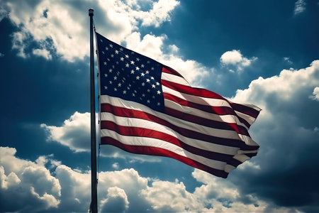 A symbol of the United States, the American flag waves gracefully in the wind against a picturesque blue sky with scattered clouds in the background. Realistic illustration created by Generative AIの素材