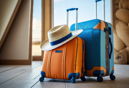Modern plastic suitcases on wheels in blue and orange with a sun hat at the train station or airport lobby. travel concept. Realistic illustration created by Generative AIの素材