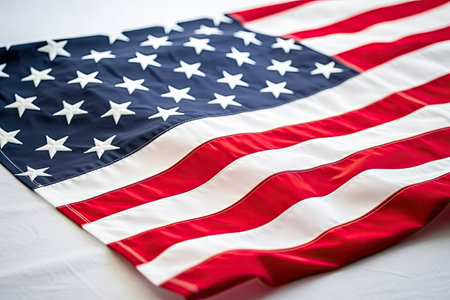 A striking closeup of the American flag, displayed with pride against a light background. The flag's vibrant red, white, and blue colors, along with its stars and stripes, symbolize the ideals of liberty, justice, and unity. This image captures the patriotic spirit and serves as a visual testament to the rich history and national identity of the United States. Realistic illustration created by Generative AIの素材