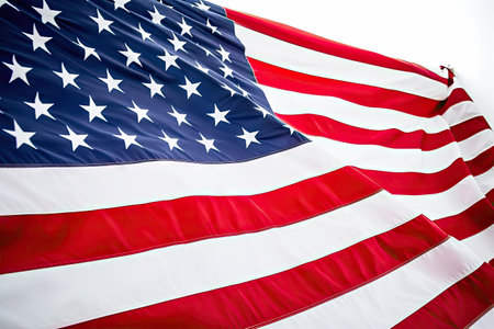 A captivating closeup of the American flag, showcasing its bold colors and intricate details against a light background. The flag, with its iconic stars and stripes, represents the unity, resilience, and enduring values of the United States. This image captures the essence of patriotism and serves as a powerful reminder of the freedom and opportunities that America stands for. Realistic illustration created by Generative AIの素材