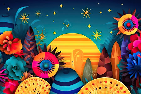 Immerse yourself in the vibrant atmosphere of the Junina Festival with this breathtaking image that features a variety of festive decorations including colorful garlands, flags, straw hats, flowers, lights, ribbons and other charming elements set against a full moon and starry sky. Realistic illustration created by Generative AIの素材