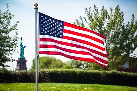 A powerful image of the American flag proudly waving against the backdrop of the iconic Statue of Liberty visible in the distance. This symbolic scene captures the essence of American pride, patriotism, and freedom. Realistic illustration created by Generative AIの素材