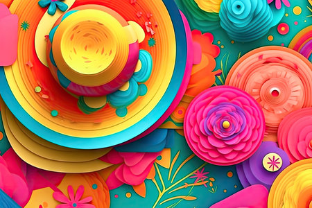 Celebrate the fun of the Junina Festival with this colorful card featuring a straw hat, colorful patterns and other holiday decorations. Realistic illustration created by Generative AIの素材