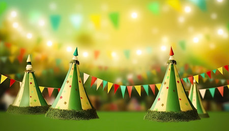 Celebrate the richness of the Junina festival with this vibrant image displaying an array of festive decorations, including garlands, flags, flowers, lights, ribbons, and an abundance of captivating decorative delights. Realistic illustration created by Generative AIの素材