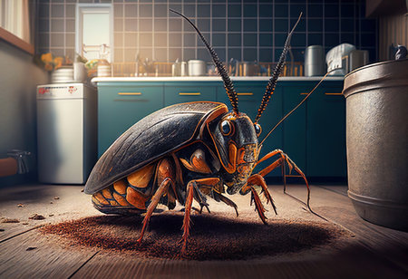 This image shows cockroaches in a domestic setting, highlighting their prevalence as a common household pest. The image emphasizes the need for effective pest control measures to eliminate the infestation and prevent future problems. Realistic illustration created by Generative AIの素材